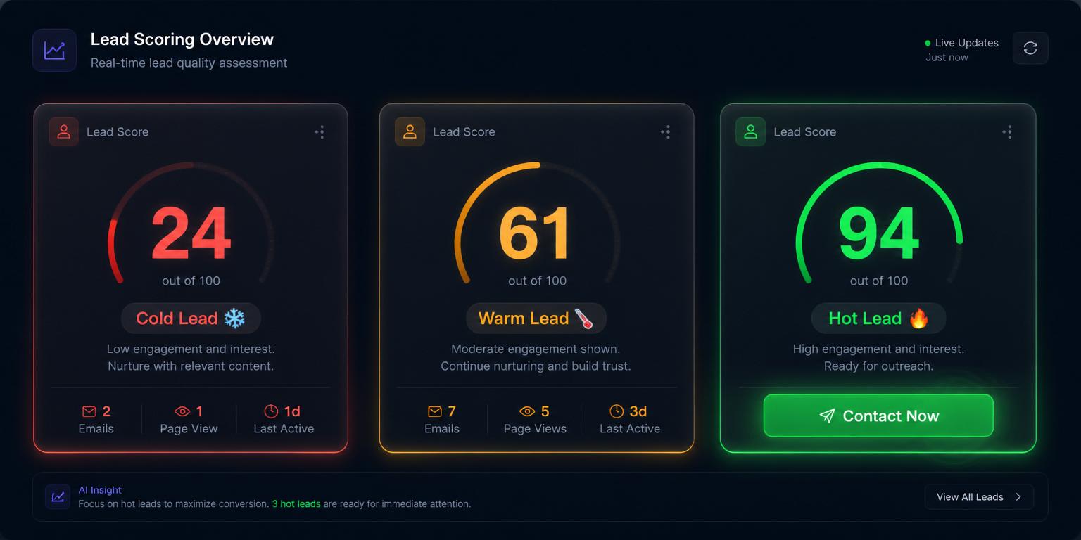 Lead scoring dashboard with cold, warm and hot lead cards