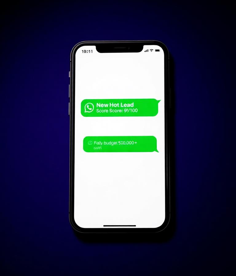 WhatsApp phone showing new hot lead notification