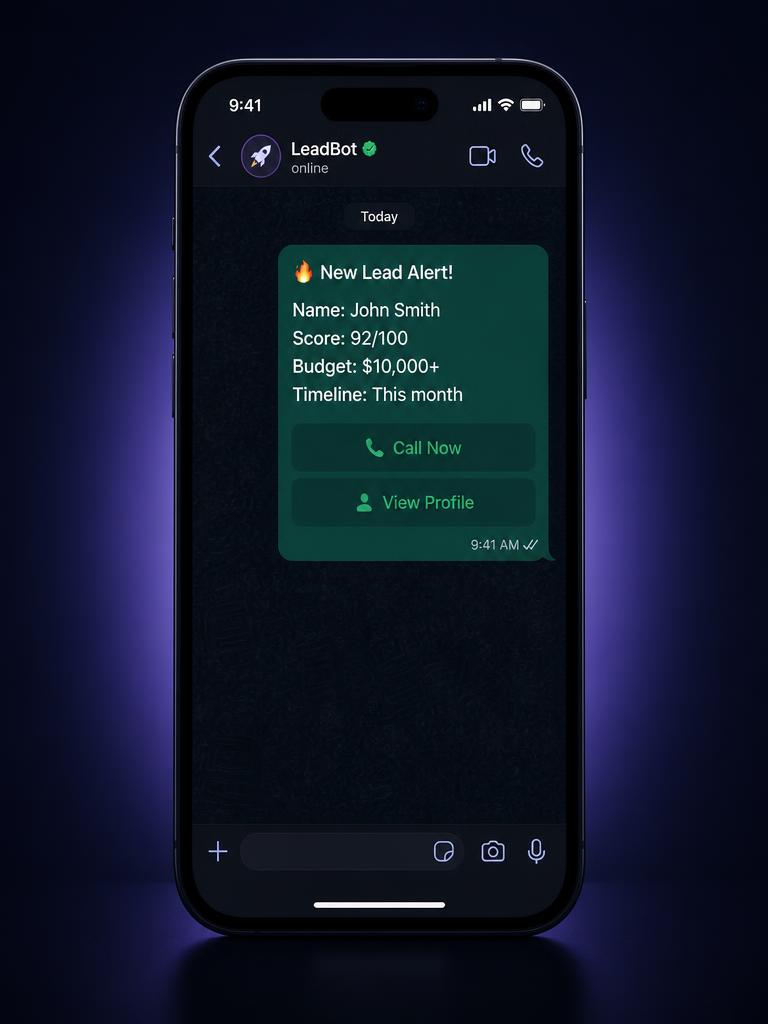 Phone showing WhatsApp lead alert